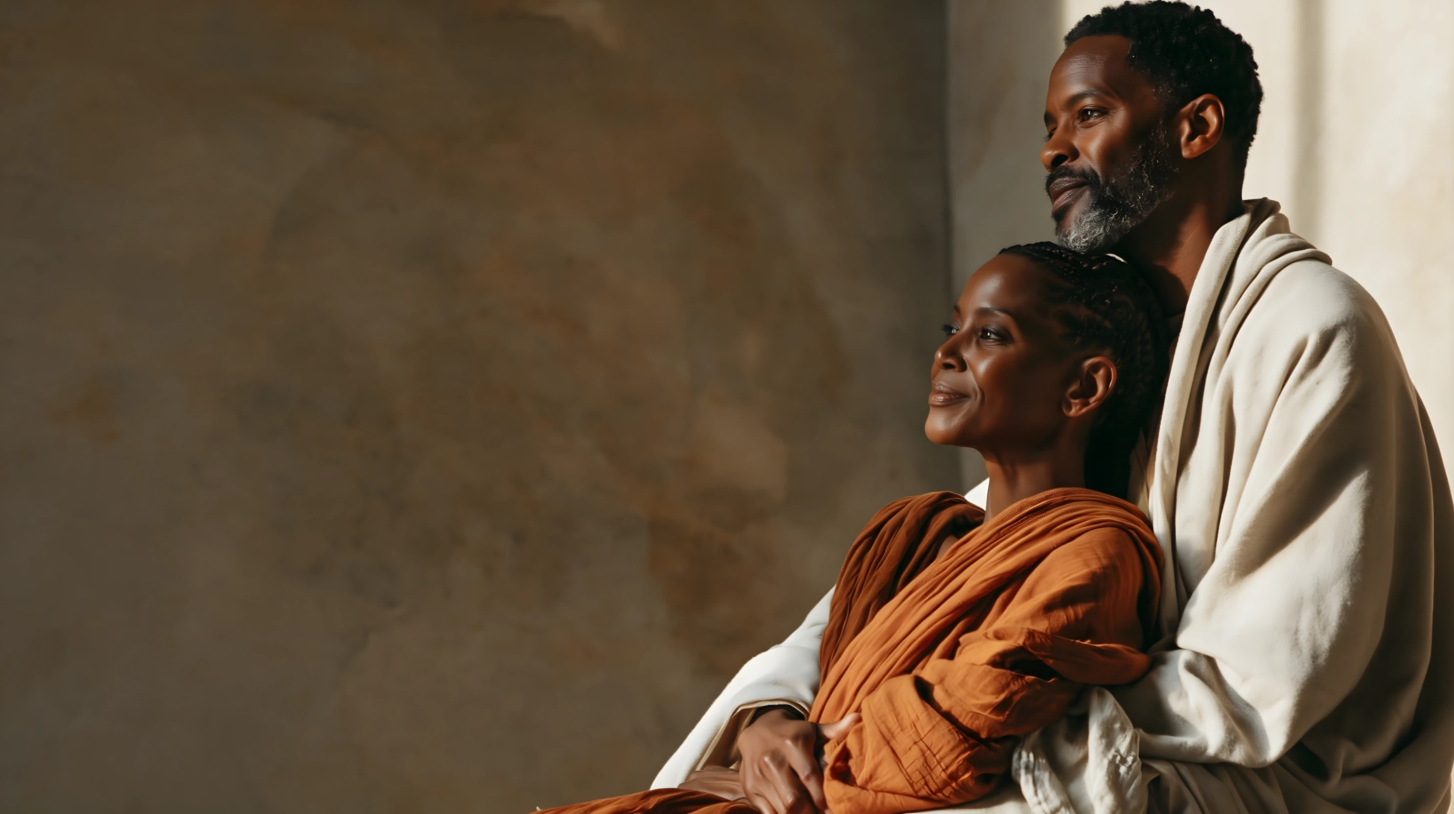 Older couple seated together in morning light against a warm textured earth wall