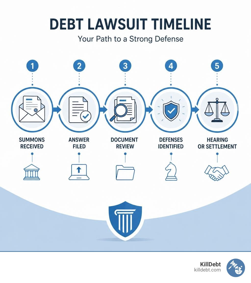Debt lawsuit timeline infographic: summons received → answer filed → document review → defenses identified → hearing or