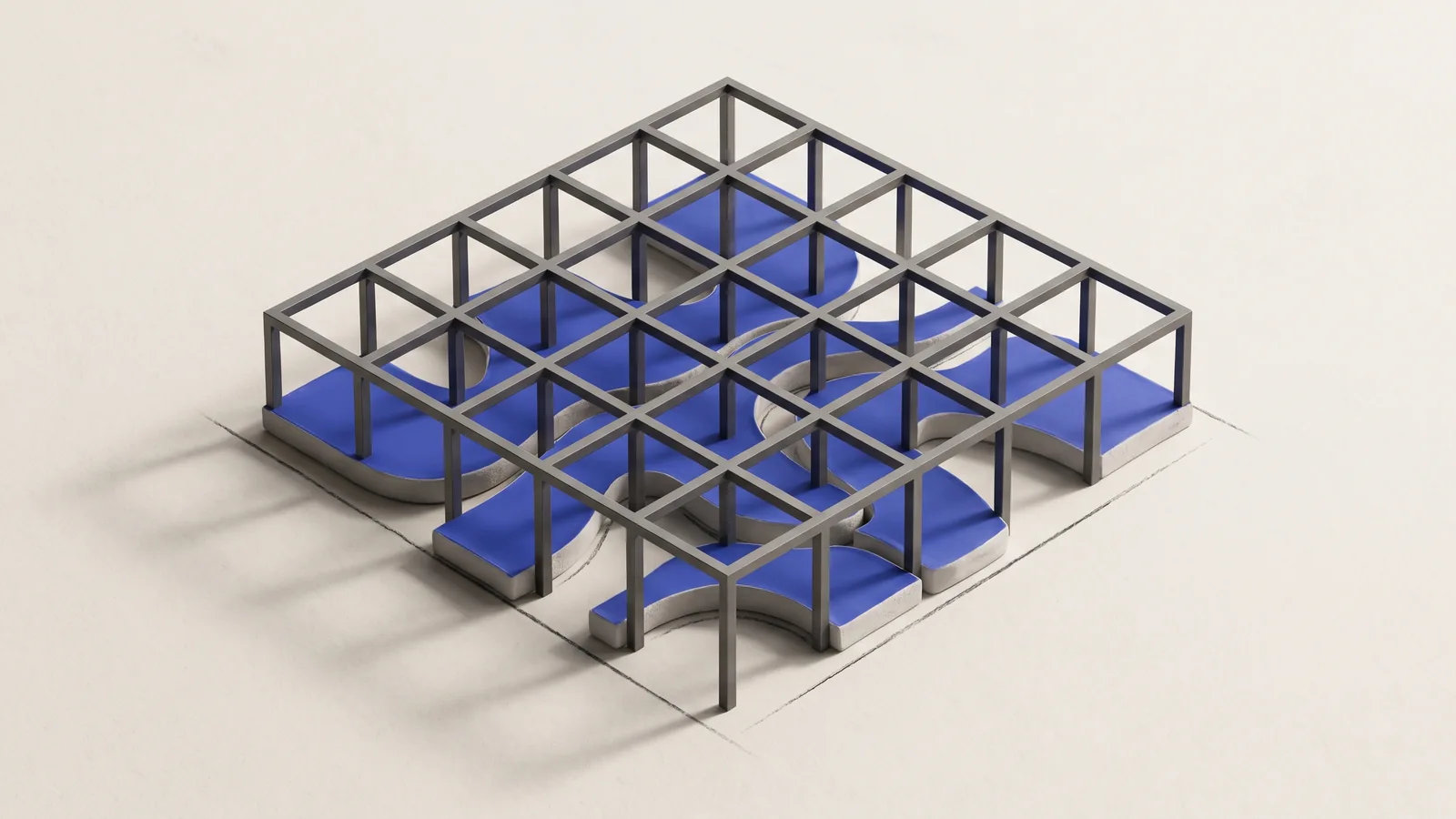 An ivory architectural grid above flowing indigo pathways, representing useful work happening outside the official organizational structure.