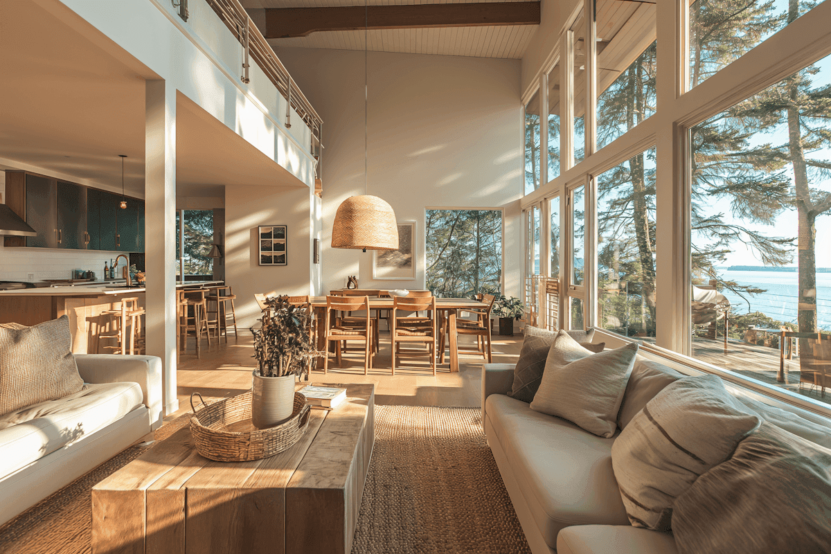 Golden-hour coastal open plan with rattan pendant, wood dining set, and floor-to-ceiling windows