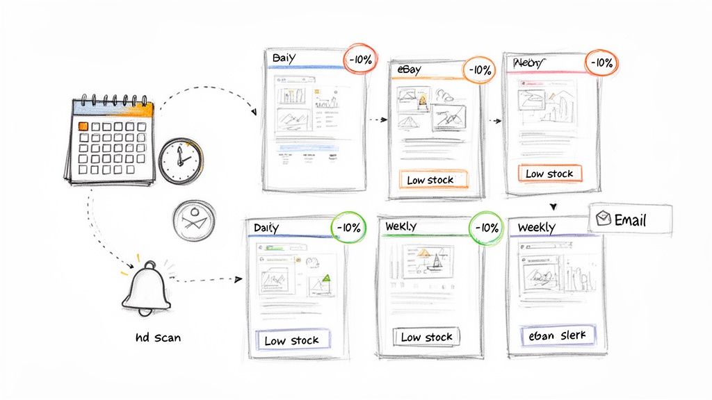 Workflow diagram shows scheduled price and stock scans for eBay and other platforms, triggering low stock alerts and emails.