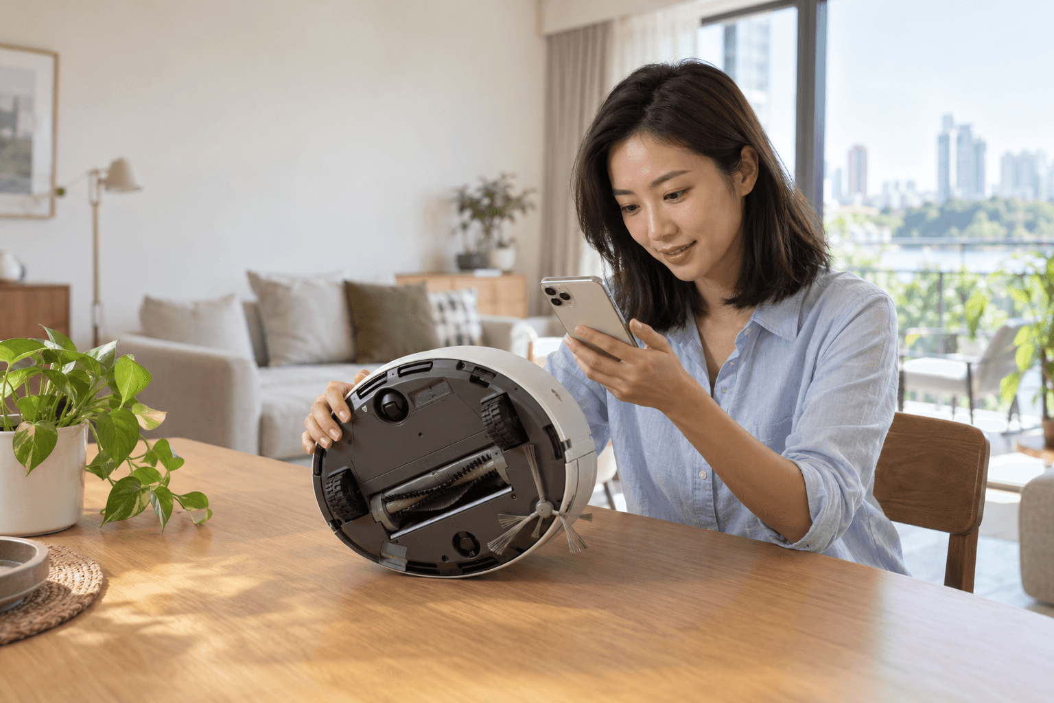 Customer photographing a robot vacuum with her phone at home