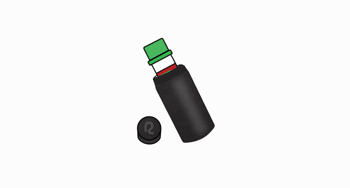 A line drawing showing the blood collection tube being placed into a black protective case, with the case’s cap beside it.
