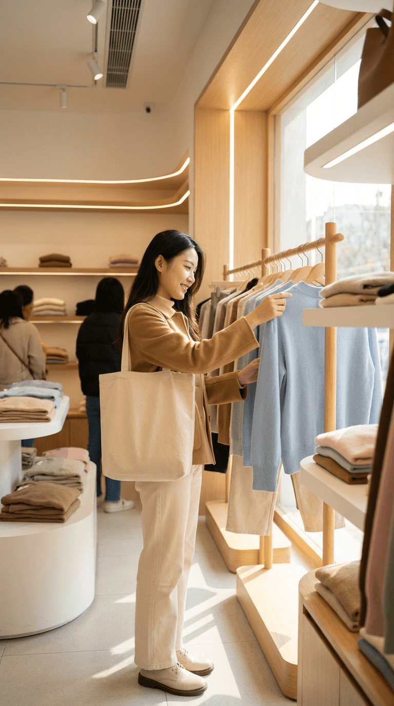 零售行業線下引流獲客活動，顧客在極簡風格服裝店內選購商品，提升門店轉化及購物體驗。