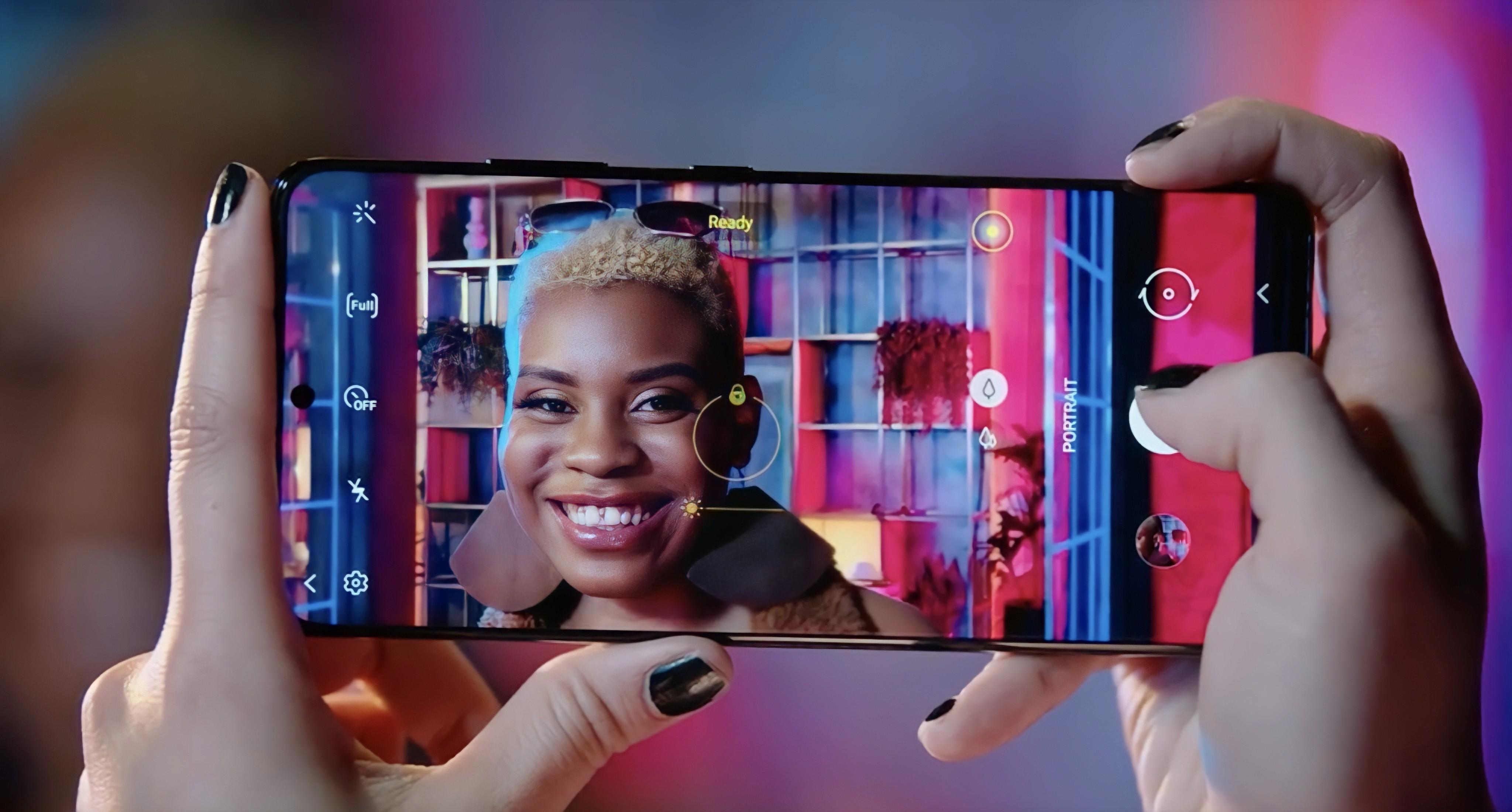 woman smiling at samsung camera