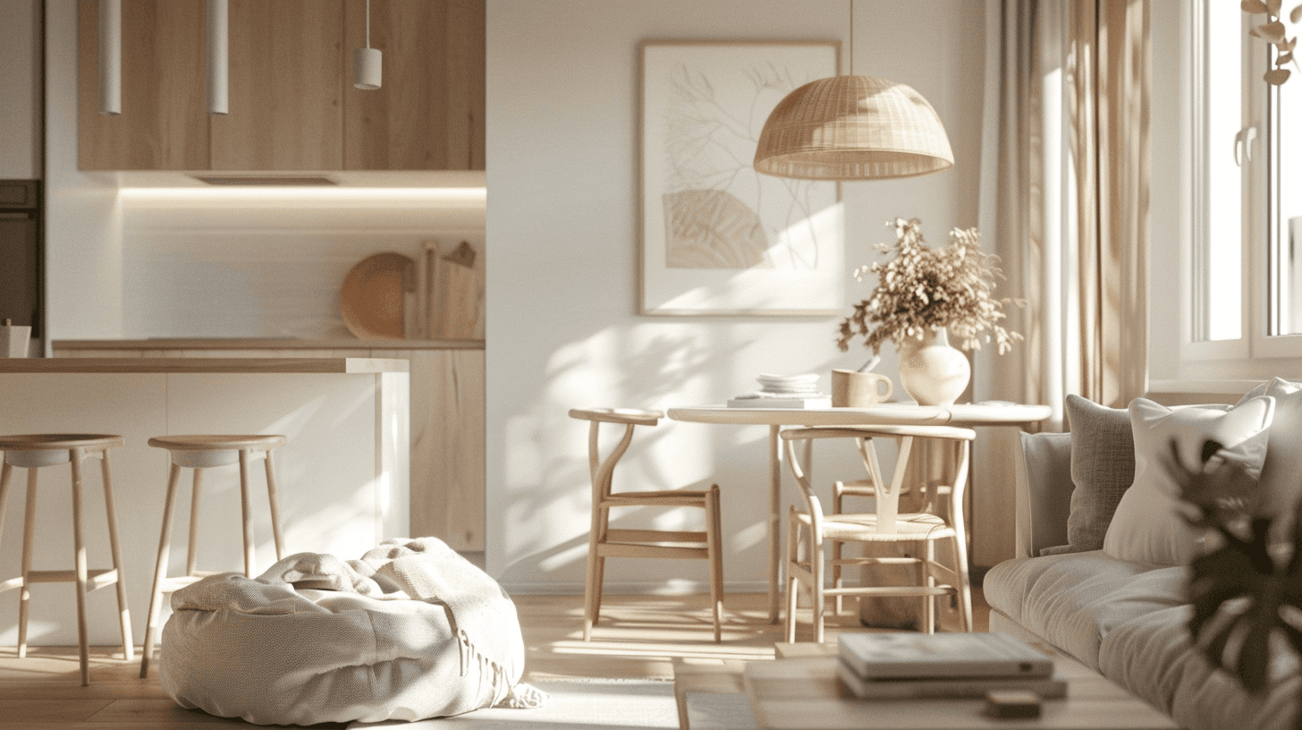 A cozy living room with beige walls, a Scandinavian-style sofa, a wooden coffee table, and minimalistic decor, featuring natural light from large windows.