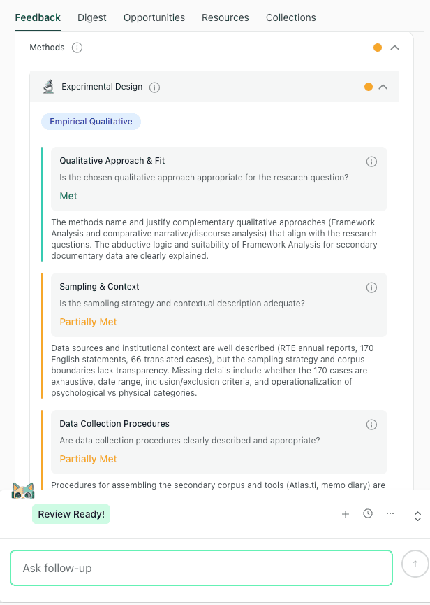 Screenshot of thesify methods feedback showing qualitative approach and fit, sampling and context, and data collection procedures.