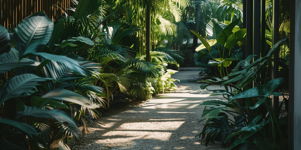 Shaded garden path lined with vibrant tropical foliage under a canopy of green leaves, with sunlight casting dappled shadows on a pebbled walkway, inviting a peaceful stroll in nature.