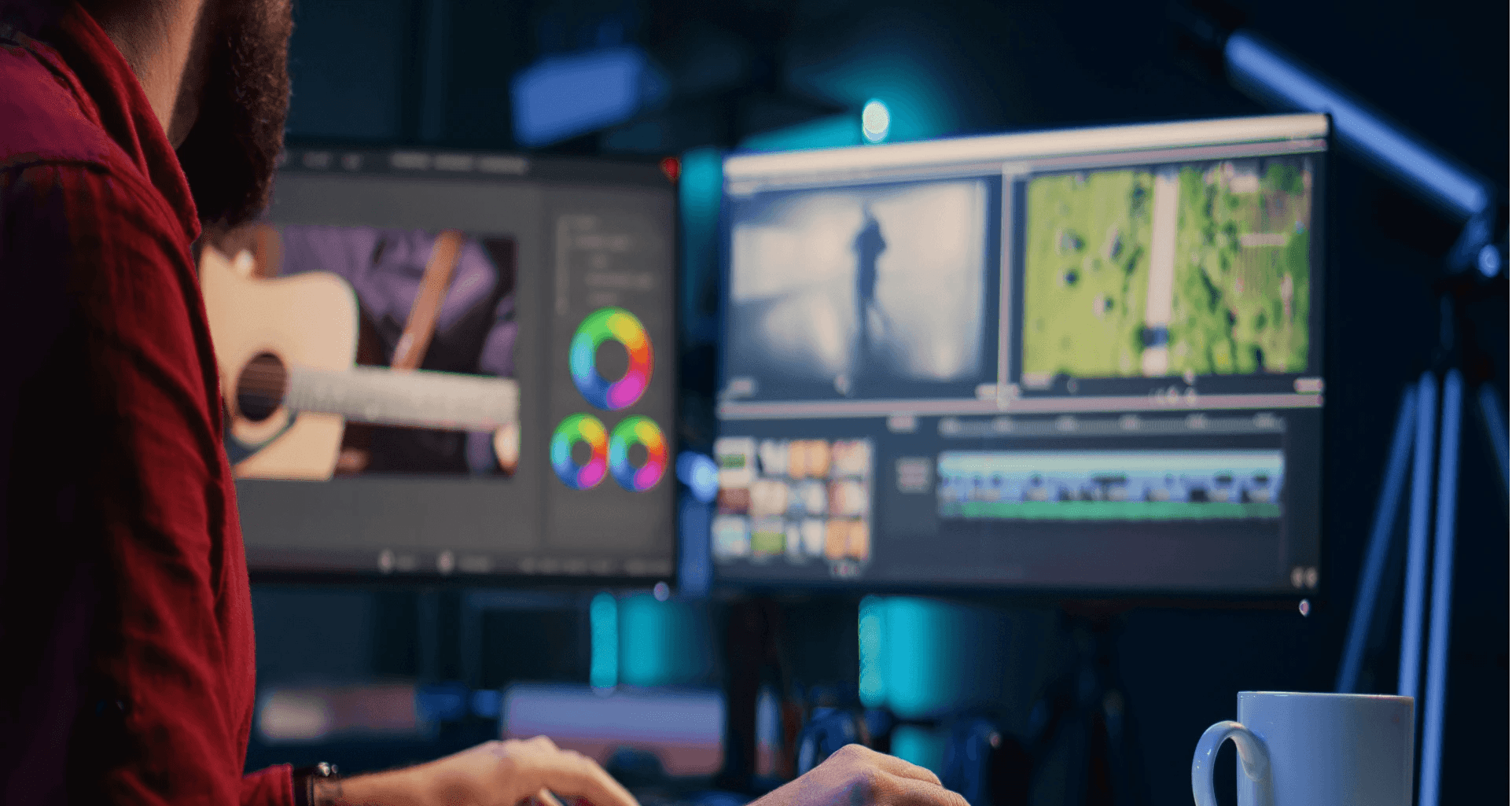 Man edits video on dual monitors -  Video Storytelling