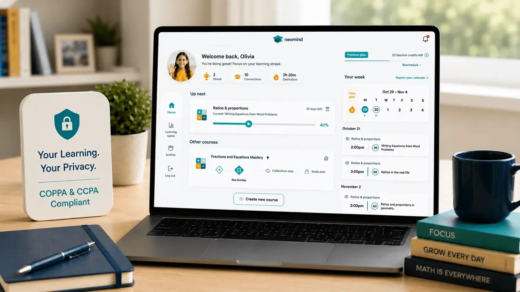 Neomind's secure AI math learning platform with COPPA and CCPA privacy compliance.