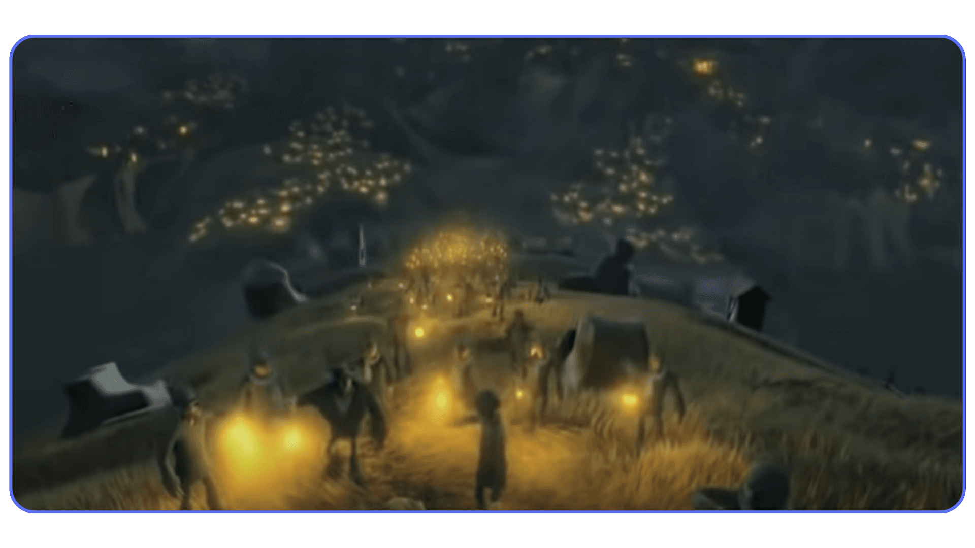 Nighttime scene from LightHouse, a Blender animated short showing villagers carrying glowing lanterns