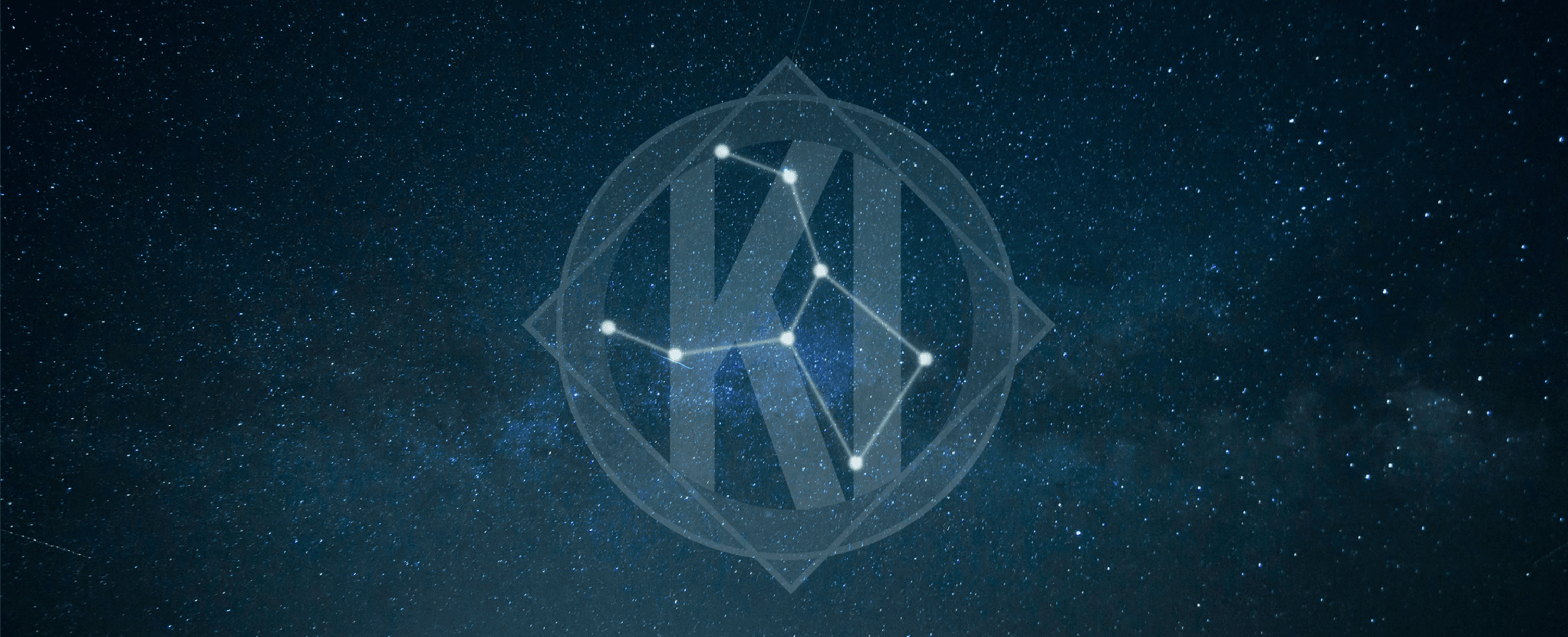 The opaque Knowledge Initiatives logo floats in outerspace with a random constellation highlighted within it.