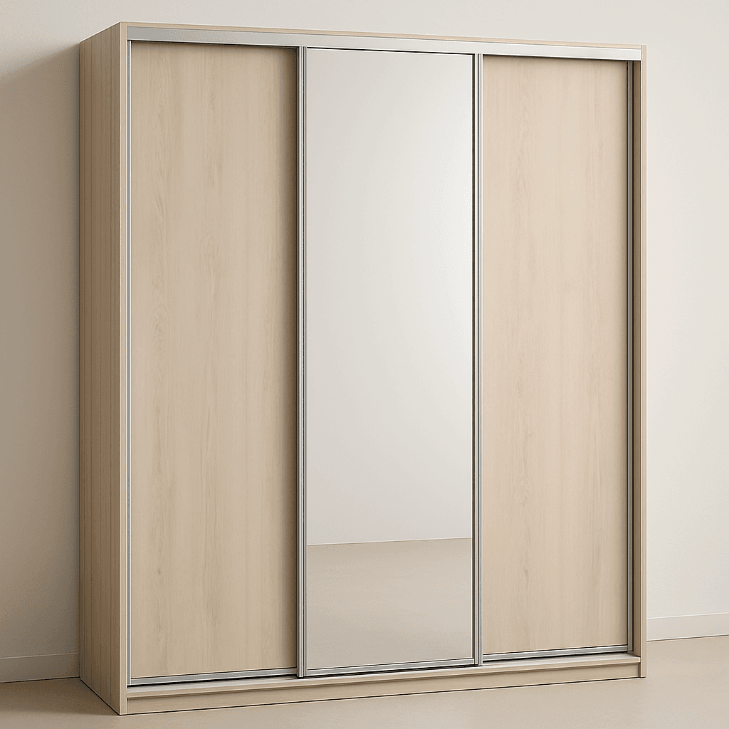 A clean, simple photo of a three-door sliding wardrobe. The left and right doors have a light wood-effect finish, and the central door is a full-length mirror