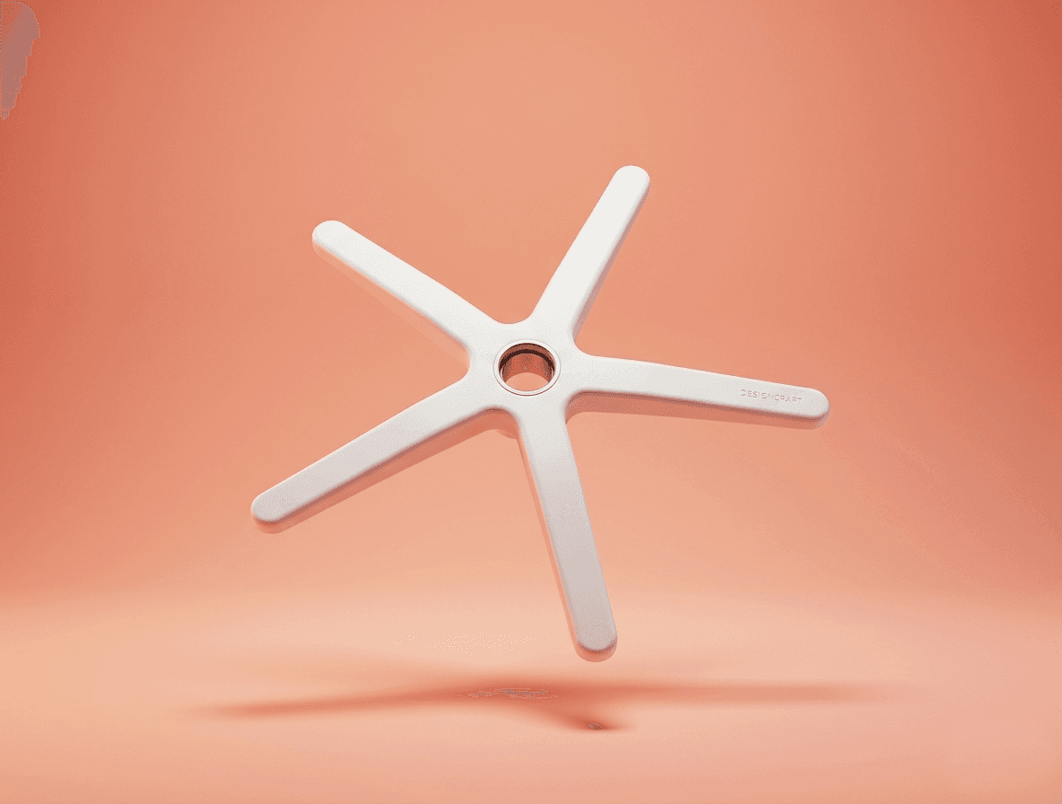 High-end white nylon 5-prong swivel chair base featuring a sleek, slim-profile design and reinforced center hub for gas lift cylinders, perfect for contemporary ergonomic office furniture and studio seating.
