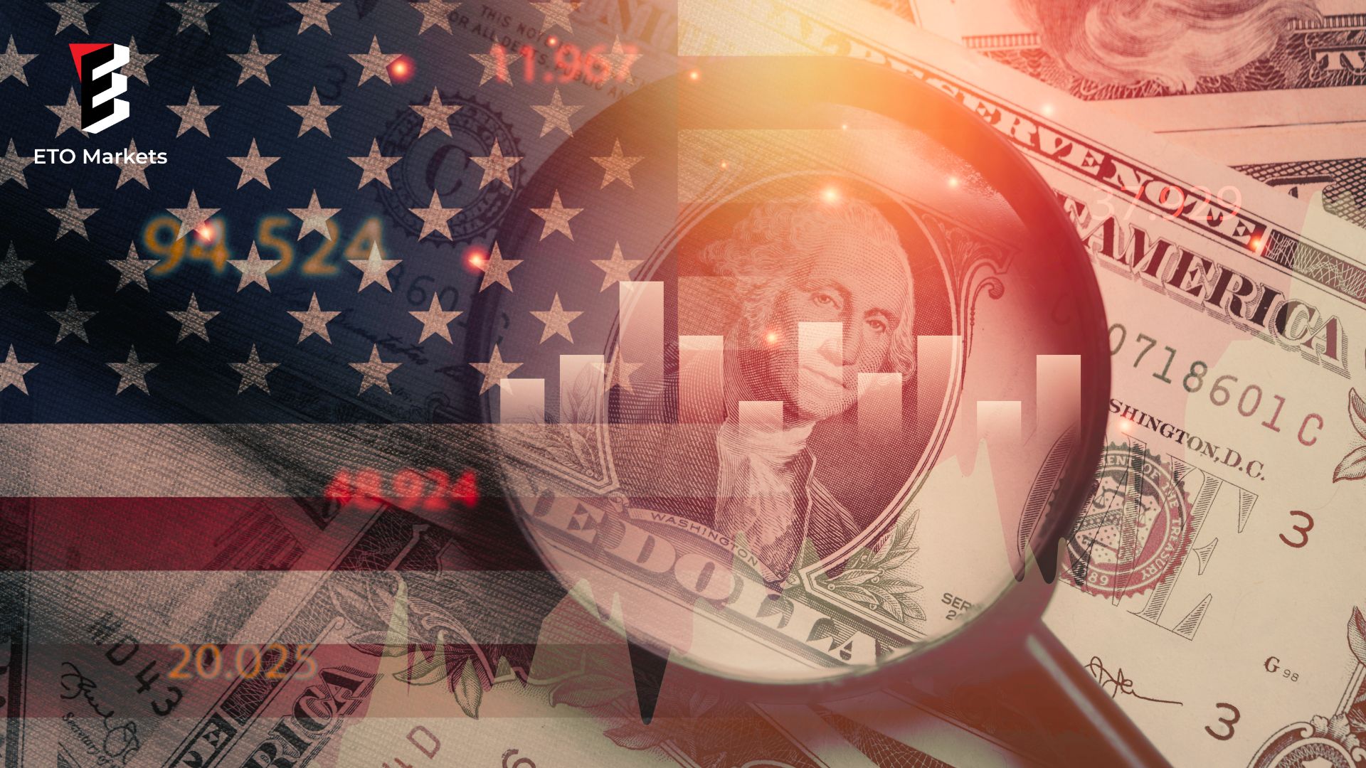 This image shows U.S. financial markets with a magnifying glass on a dollar bill and the 'ETO Markets' logo, over an American flag and financial charts.