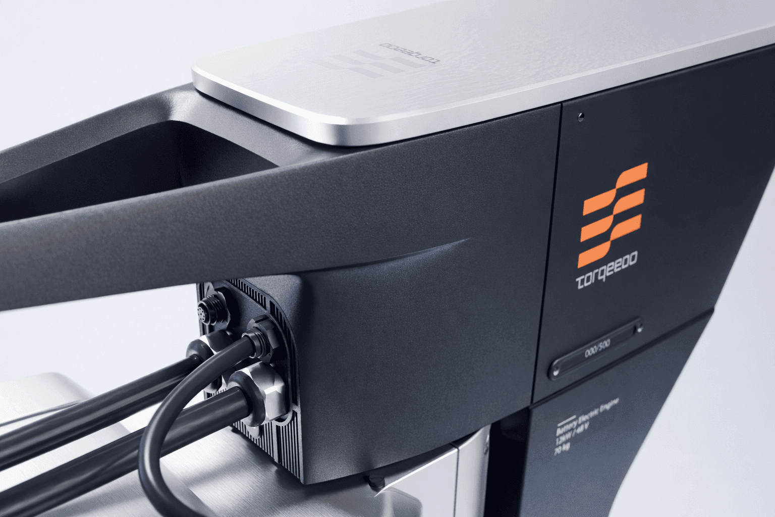 Close-up render of the new Torqeedo electric outboard concept showing detailed housing surfaces