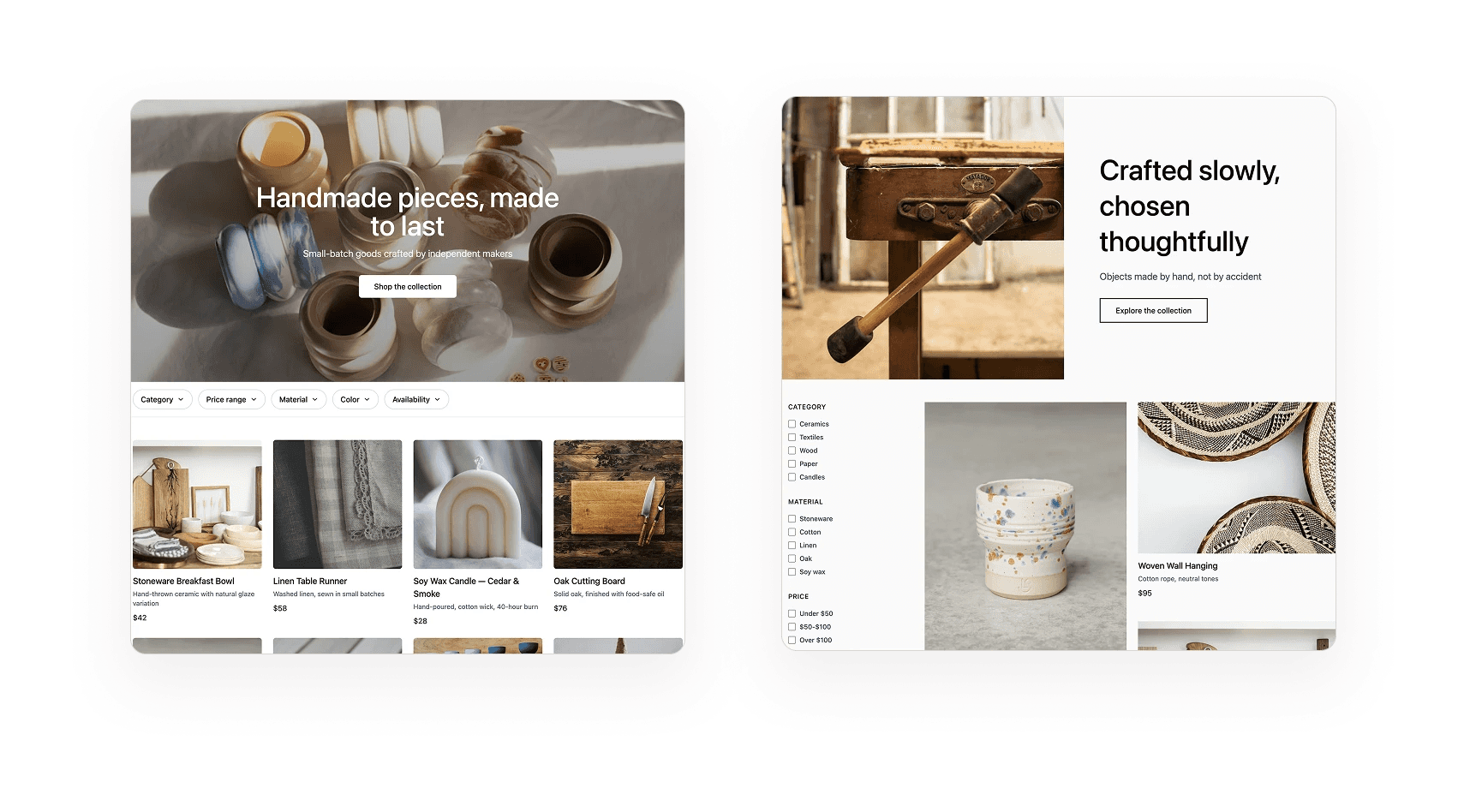 Side-by-side comparison of two ecommerce layouts featuring handmade products and filtering options