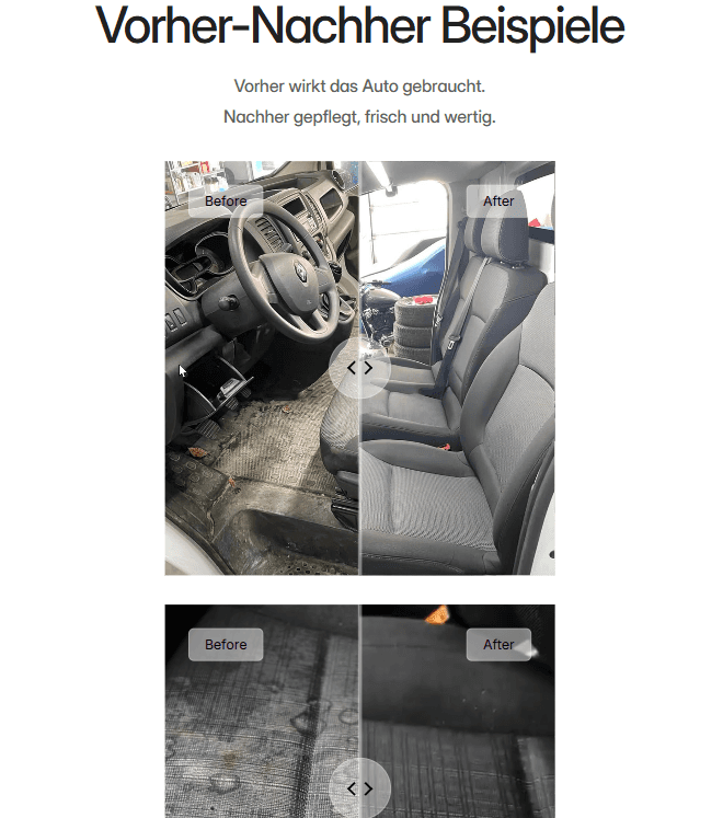 Vorher-Nachher Slider auf der Website von TP Fahrzeugpflege