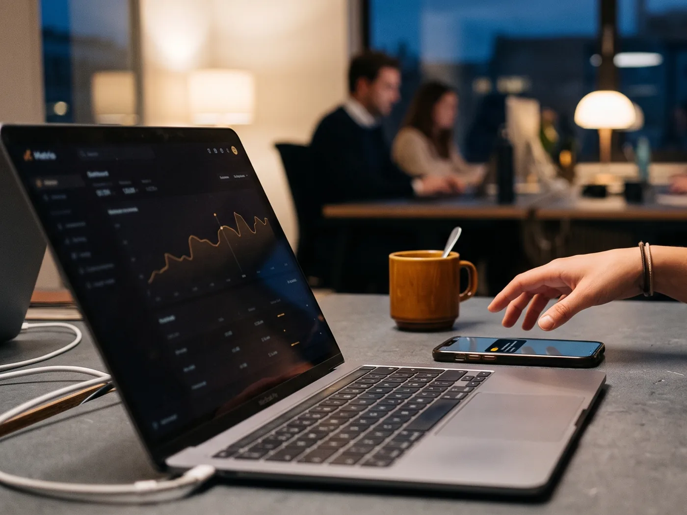 A laptop with a dark dashboard, a phone and a hand reaching in, in an office at dusk