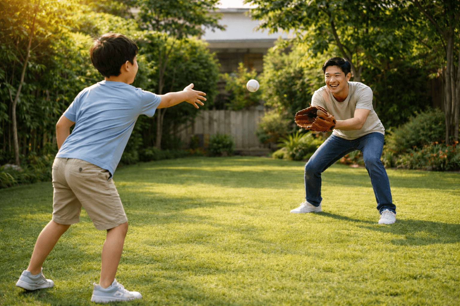 boy and man playing catch in yard