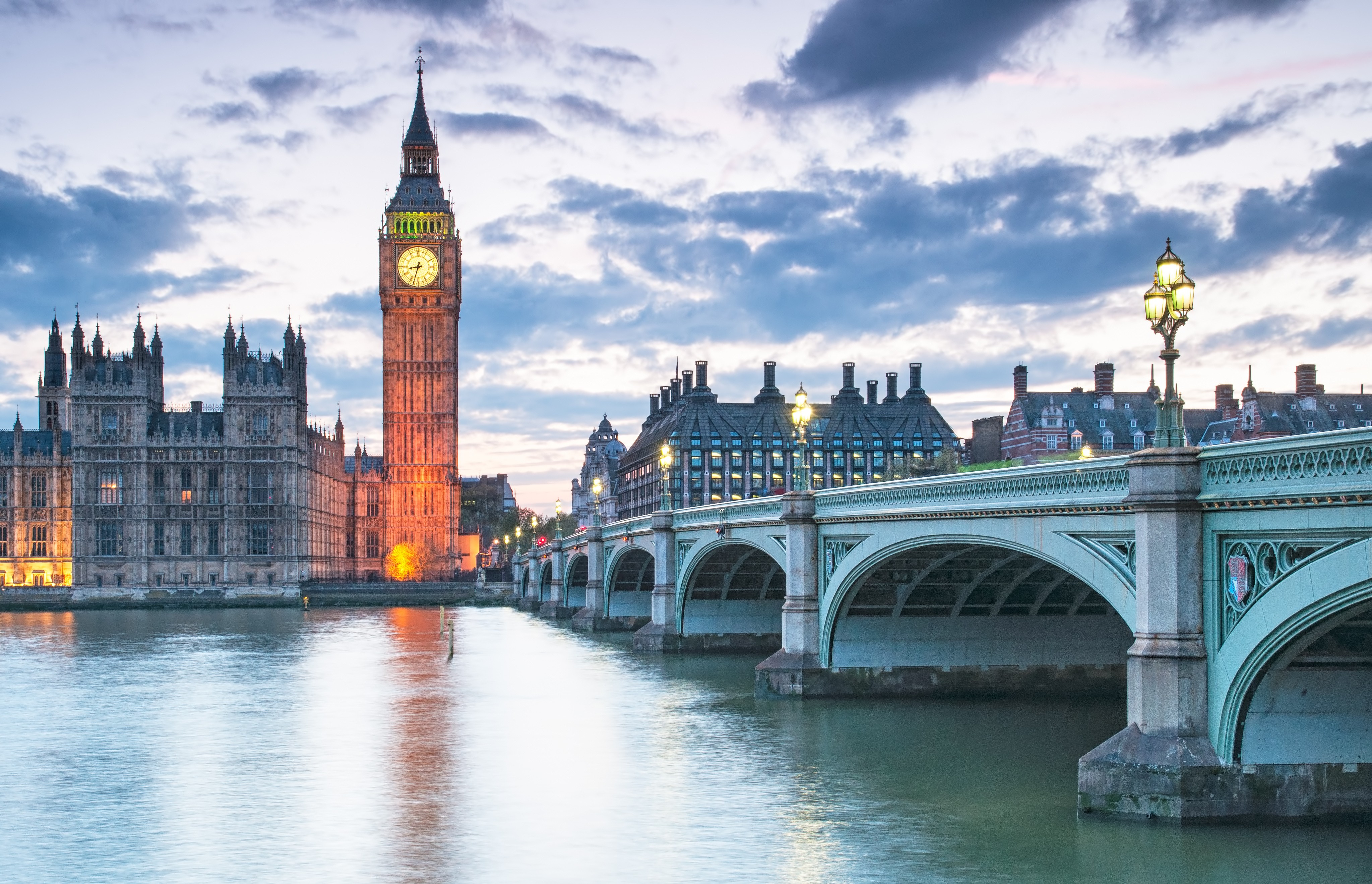 View of London at sunset showing the River Thames, London Eye, and Big Ben