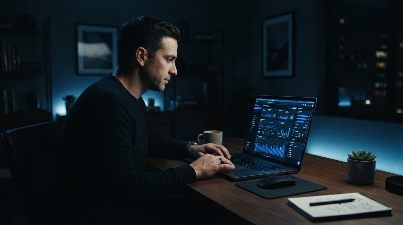 A marketer reviews ad campaigns on a laptop at a clean desk with blue lighting.