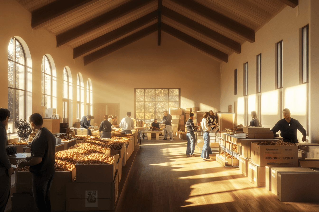 A warm, sunlit community center interior with diverse volunteers organizing food donations, photorealistic style, soft natural lighting, muted earth tones with touches of hope-inspiring yellow, emphasizing unity and purpose