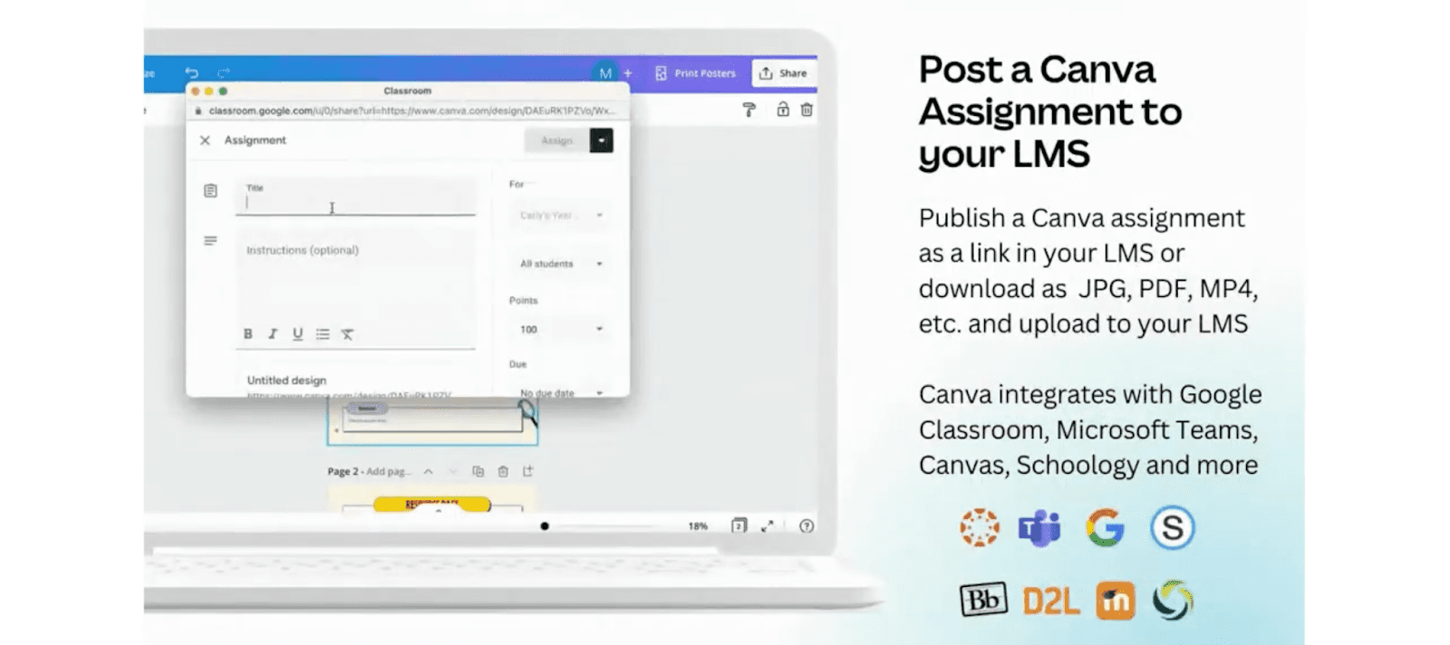 Laptop screen shows a Canva project being shared as an assignment in Google Classroom. Text on the right explains how Canva assignments can be published to LMS platforms like Google Classroom, Teams, Canvas, Schoology, D2L, and Moodle.