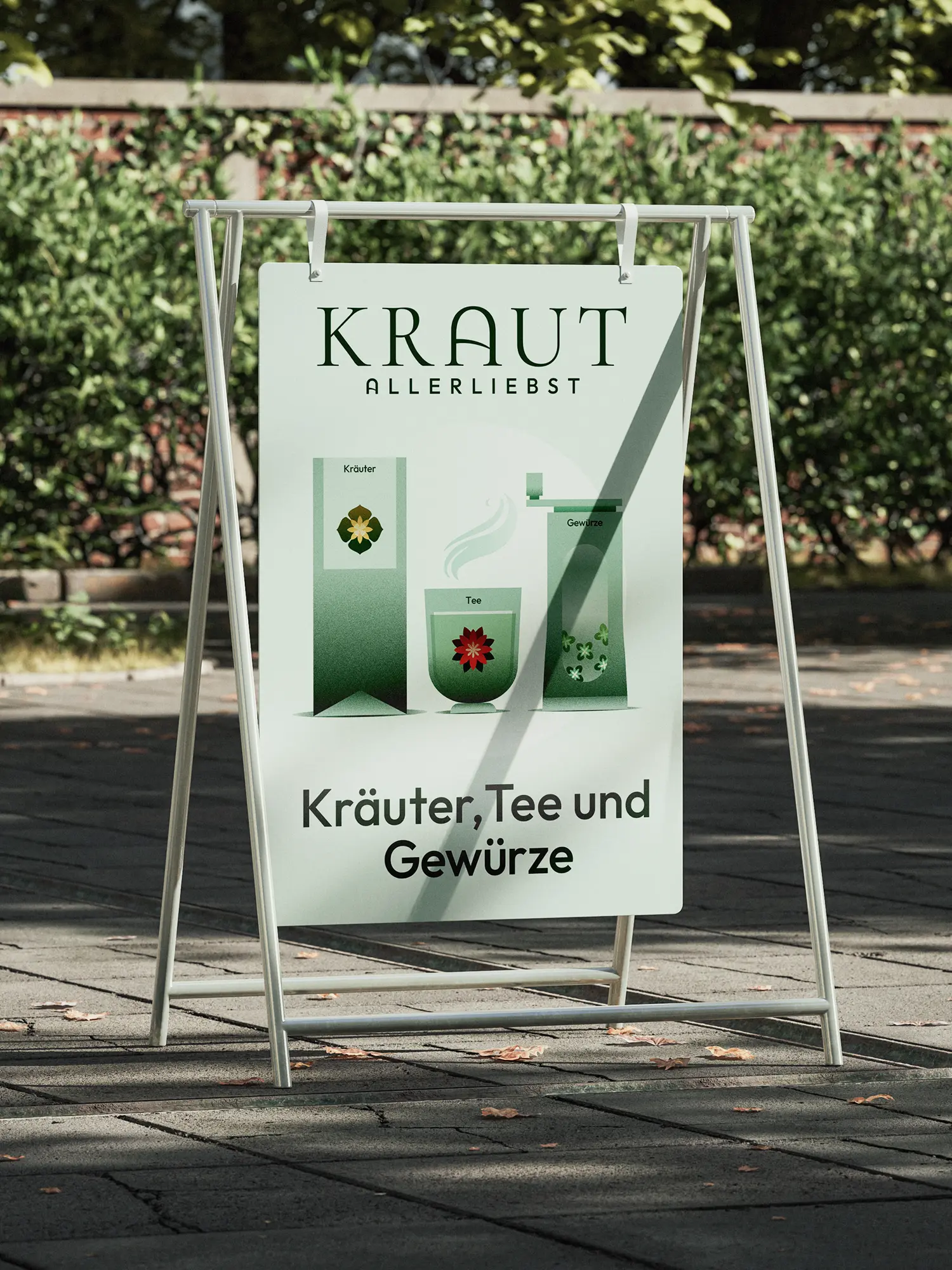 Laden-Eingangsbereich mit Beschriftung Kräuter, Tee und Gewürze