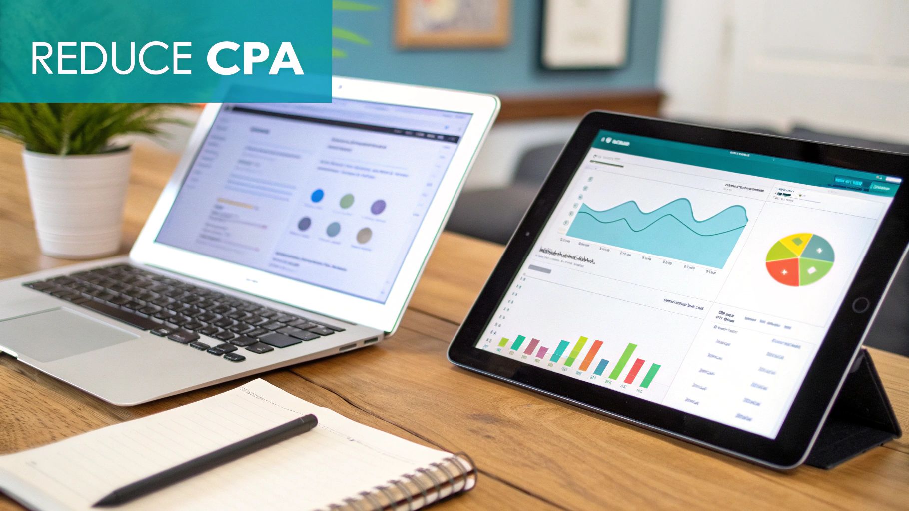 A group of marketers collaborating around a whiteboard with charts and graphs, strategizing on how to lower CPA.