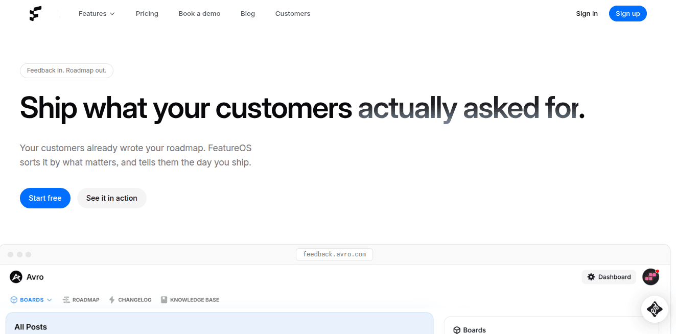 FeatureOS homepage: "Ship what your customers actually asked for" with boards, roadmap, and changelog dashboard