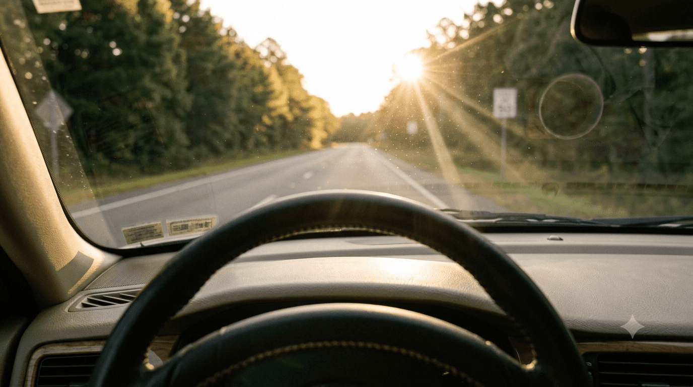 The view forward from a car on an ordinary road in late afternoon light.