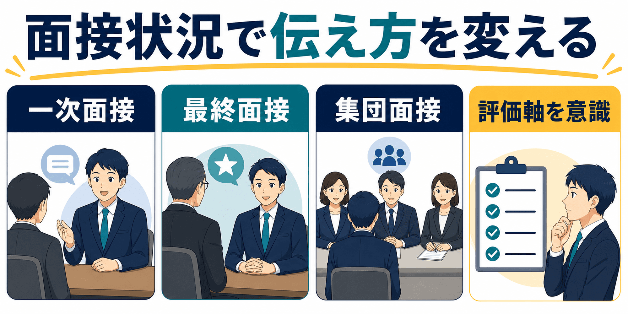 一次面接、最終面接、集団面接で志望動機の伝え方を変える画像