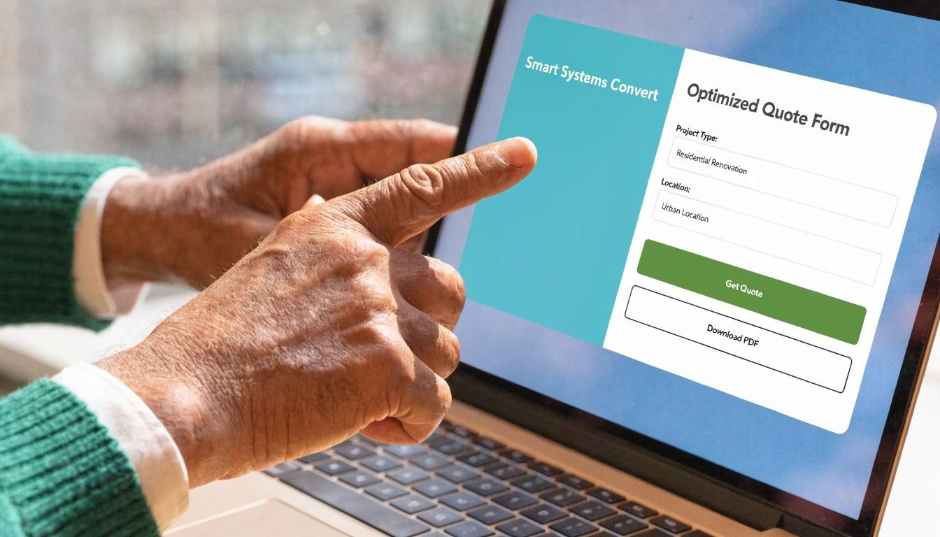 A close-up view of a person using a laptop to access an online contractor quote form.