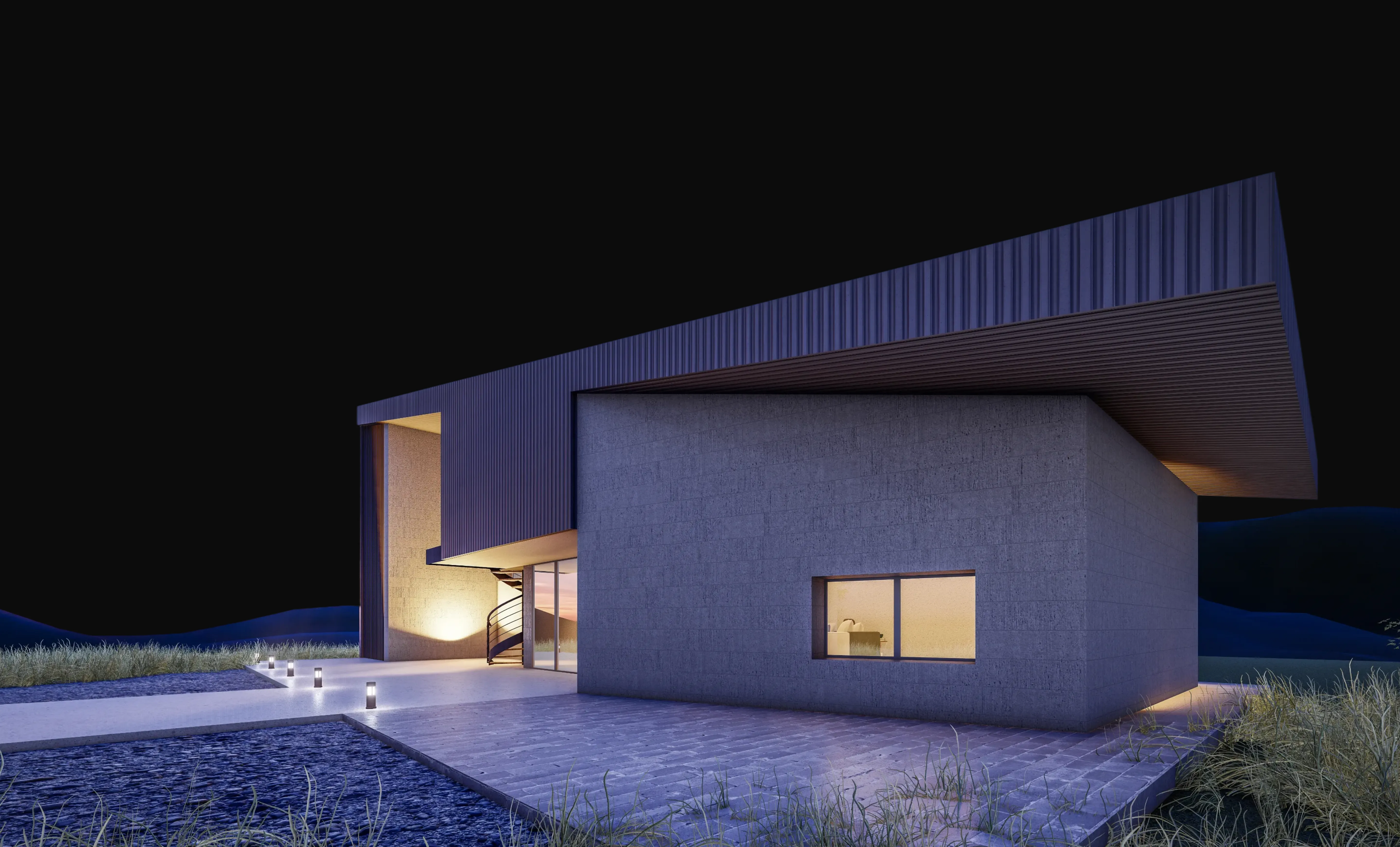 Minimalist modern house with a cantilevered roof and illuminated stone exterior at night.