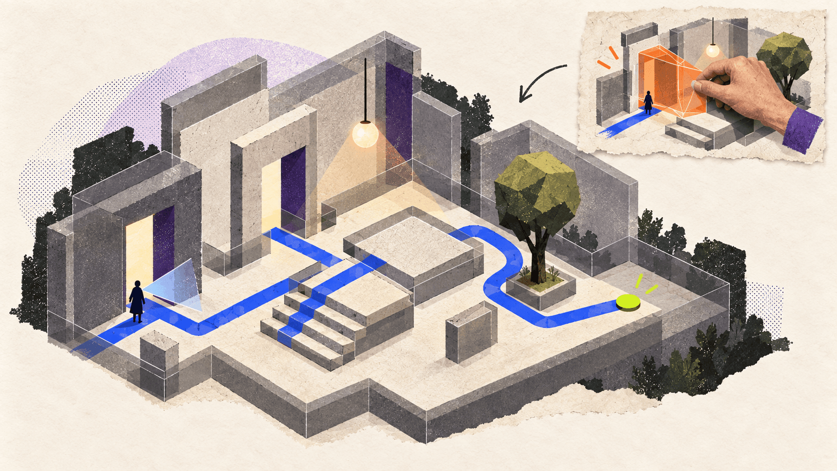A player follows a marked route through a courtyard while collision boundaries, doorway clearance, stairs, lighting, and one artist correction make the level walkable.