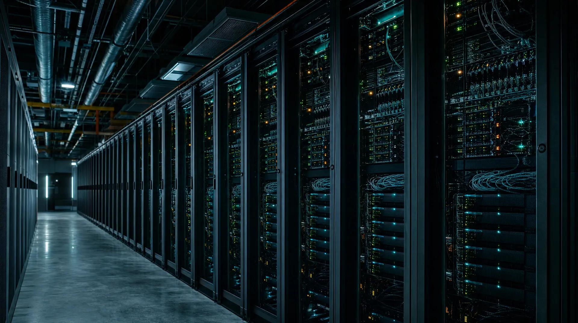 Server racks glow through a long corridor of a data center, reflecting tech seo strategies.