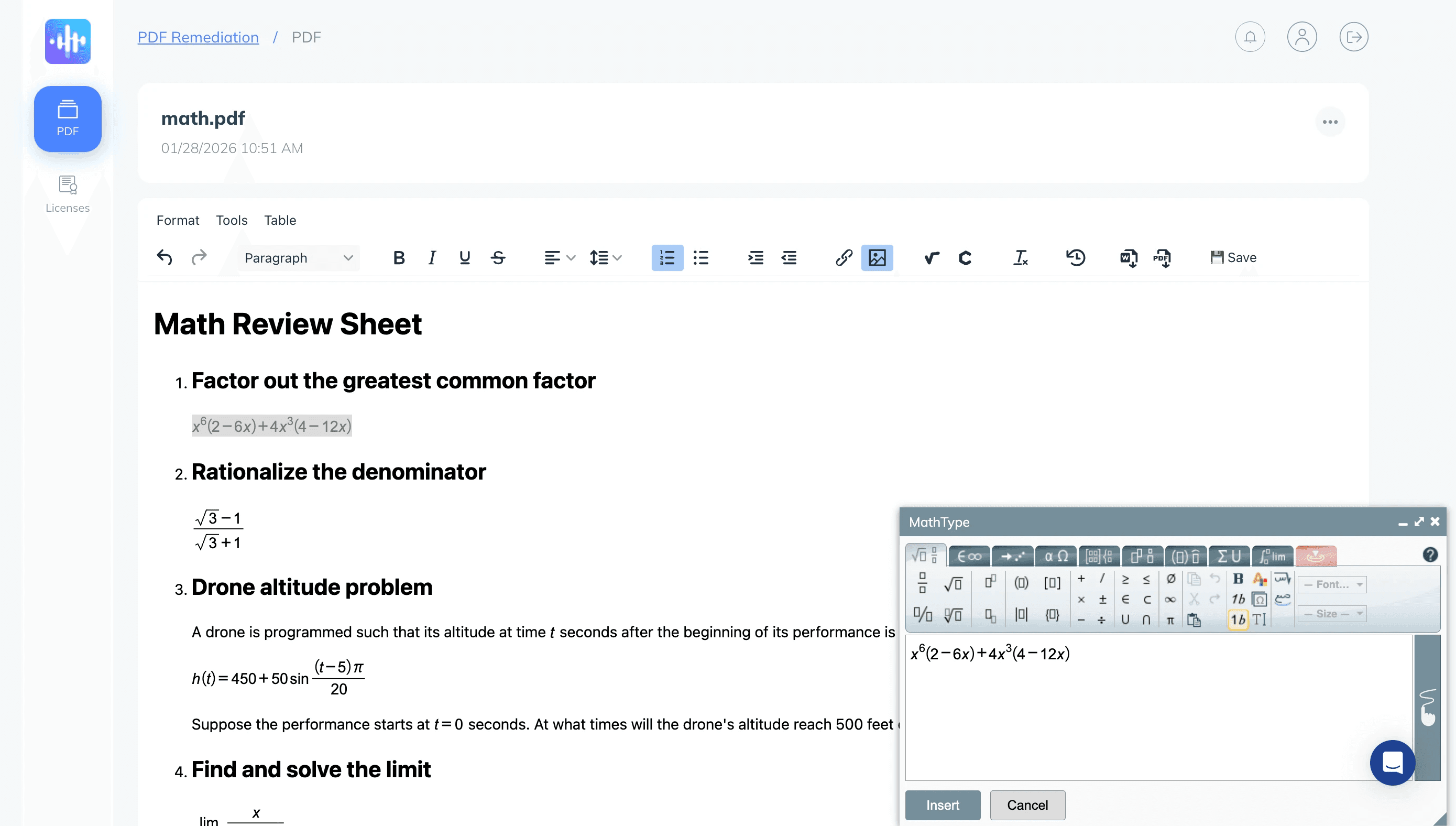 Screenshot of JamA11y STEM content remediation in action