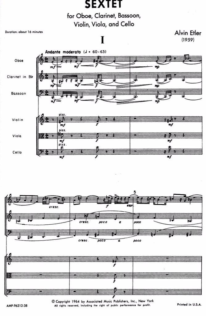 Opening page of Alvin Etler’s 1959 Sextet for oboe, clarinet, bassoon, violin, viola and cello.