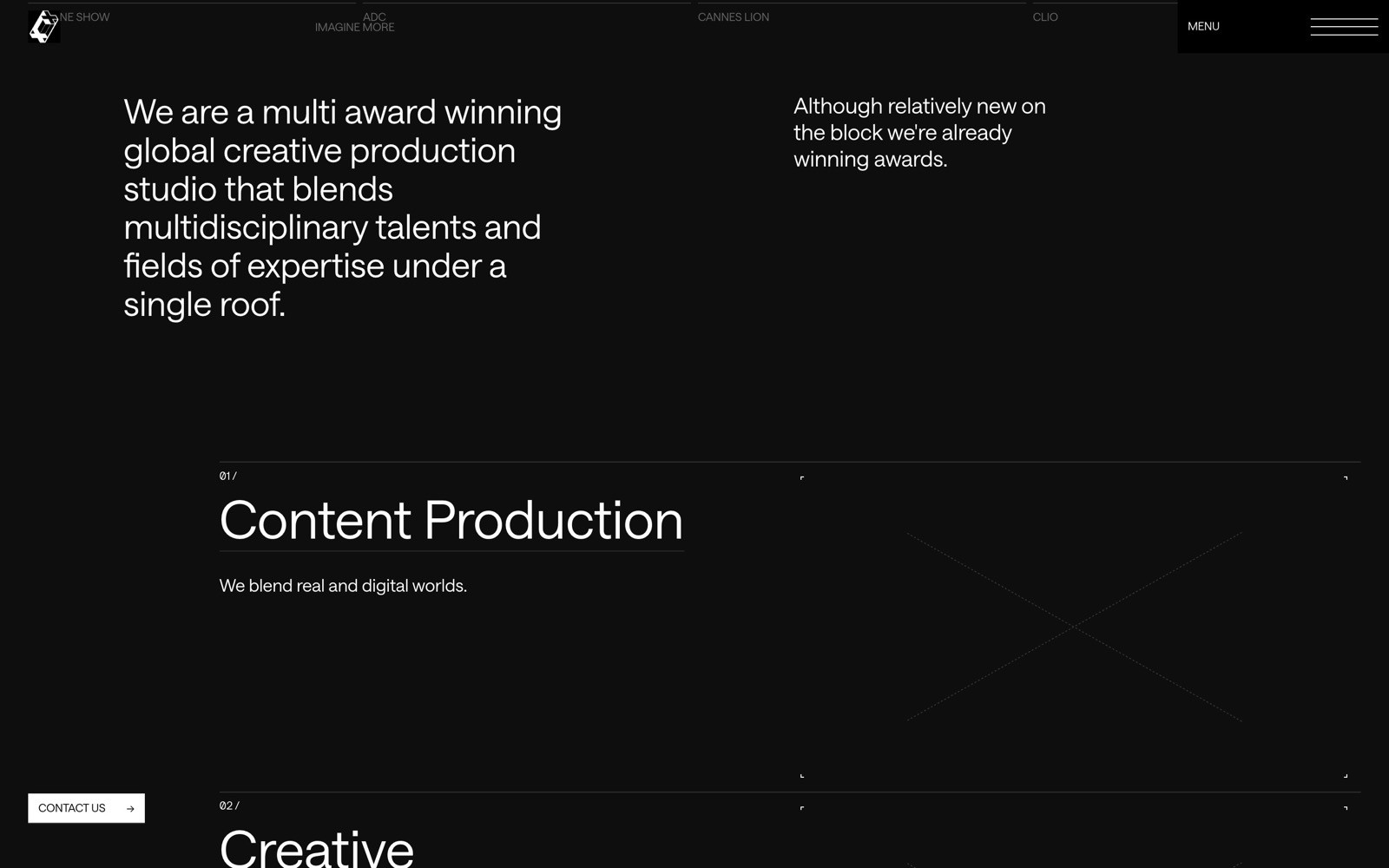 Black background with white text: "We are a multi award winning global creative production studio." Sections: "Content Production,"...