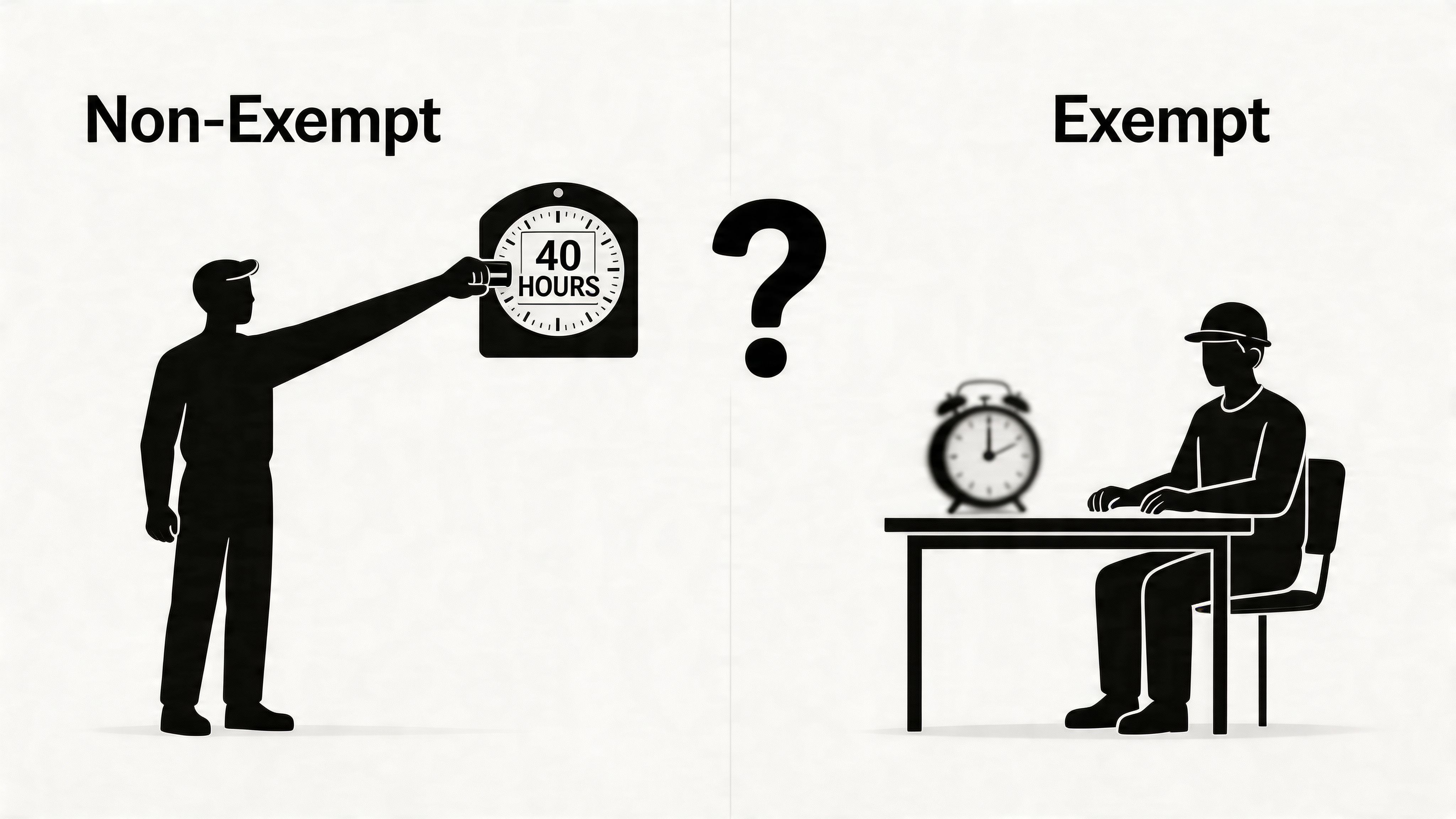 A conceptual illustration comparing non-exempt and exempt employees with time clocks and a question mark.