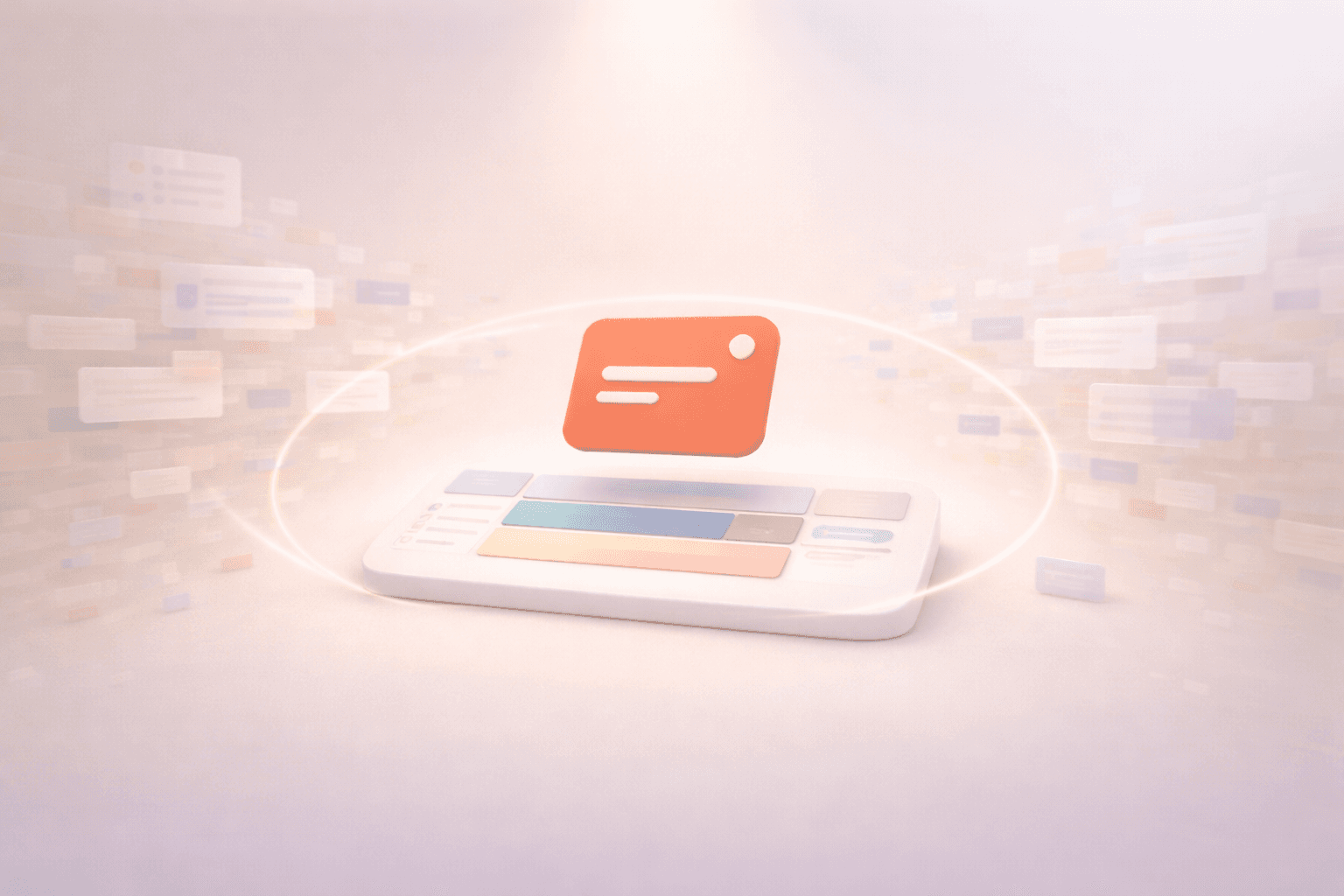 Minimalistische 3D-Illustration mit einer schwebenden korallfarbenen Fokuskarte über einem abgerundeten Kalenderblock. Um das Zentrum ordnen sich transparente Zeitblöcke und Kalenderkacheln automatisch zu einer klaren Tagesstruktur, während verstreute Aufgabenfragmente im warmen cremebeigen Hintergrund zusammengeführt werden und intelligente Tagesplanung durch KI symbolisieren.