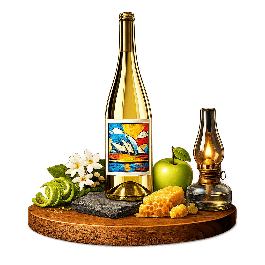 Artistic label and flavor profile for Australian Riesling on a rustic wooden table.