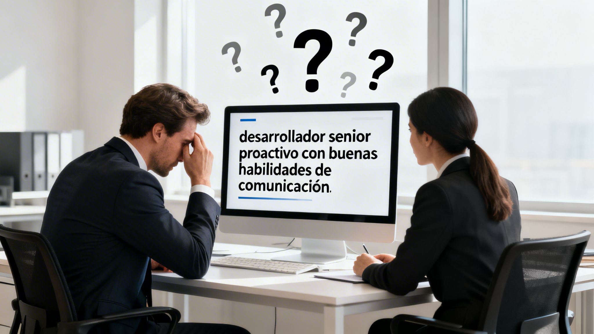 Un hombre y una mujer sentados frente a una computadora, confundidos por una búsqueda de trabajo.