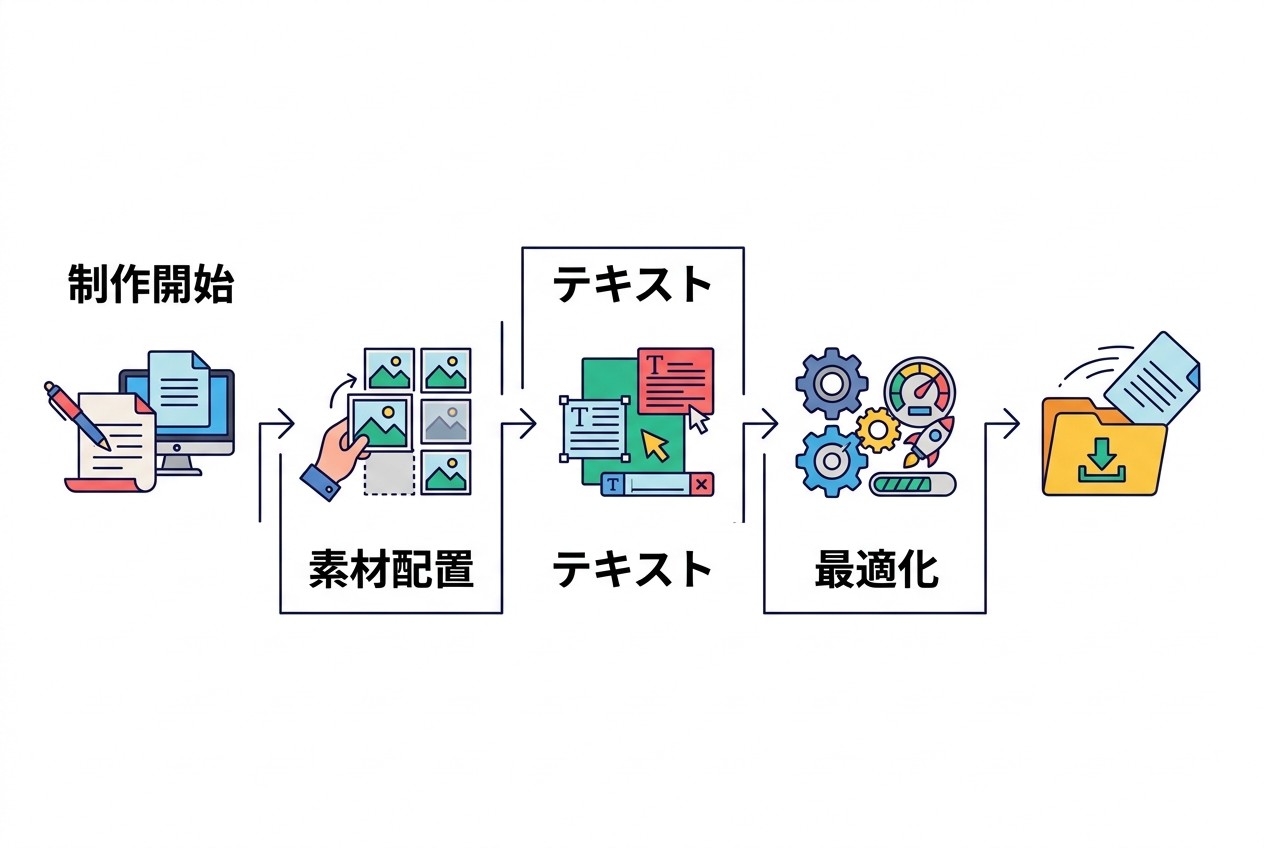 高画質バナー制作の5ステップワークフロー。制作サイズを指定の2倍で開始し、素材配置→テキスト追加→ファイルサイズ最適化→媒体別書き出しの順で進める。各段階での品質チェックが重要。