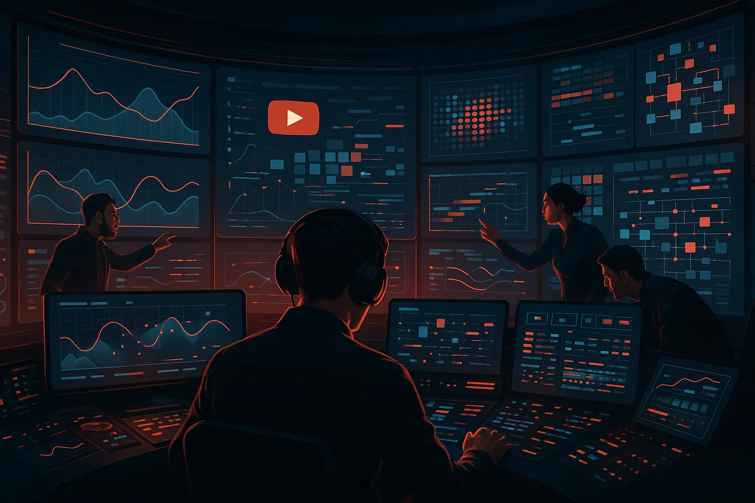 RockN' Socials team at work in a high-tech digital marketing agency hub.