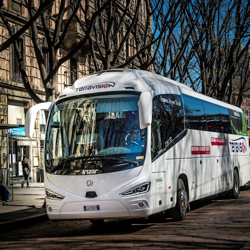 一輛白色的Terravision巴士停在一條兩旁有建築物和光禿禿樹木的城市街道上。