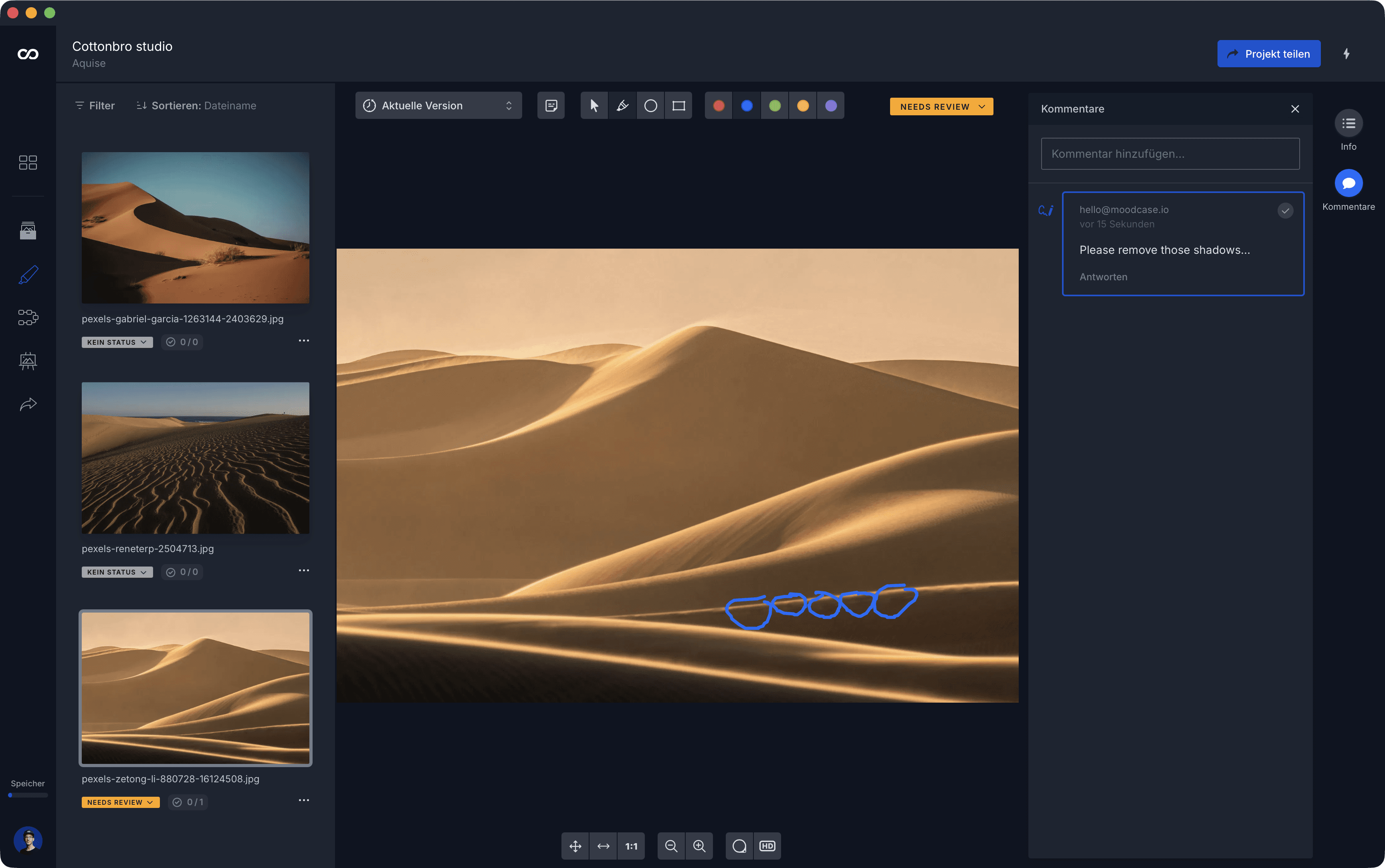 moodcase interface showing image review with annotation and comment for retouching
