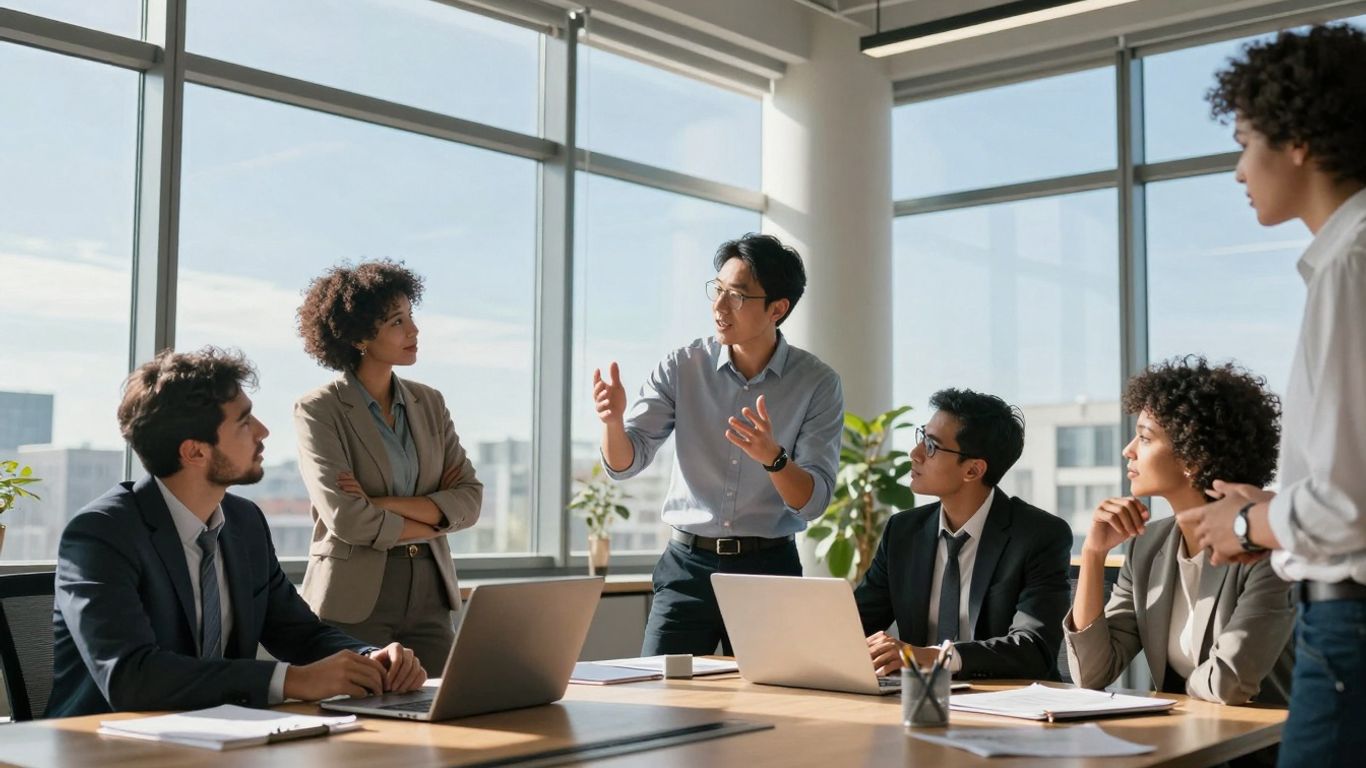 Team collaborating in a bright, modern office space.