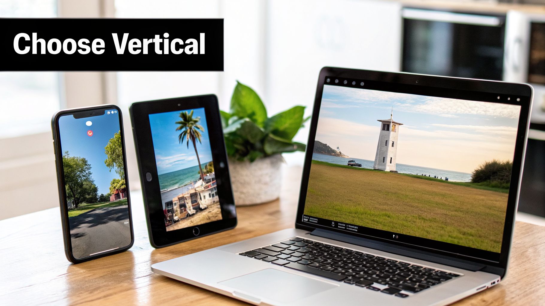 Three devices, phone, tablet, and laptop, displaying vertical and horizontal content, on a wooden desk.